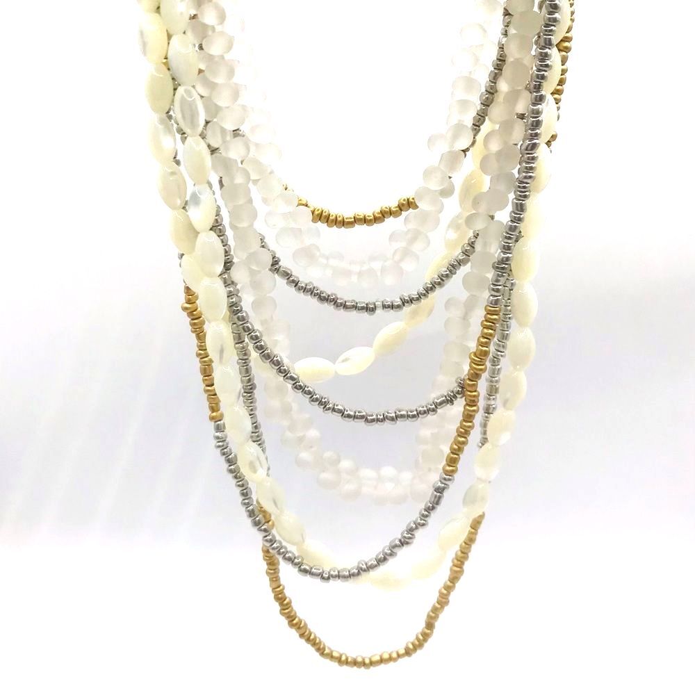 Natural Stone Layered Silver and Gold Corded Necklace